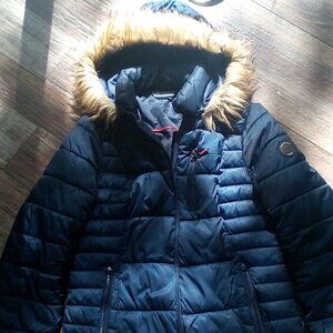 Nautica Women's Faux Fur Trim Hooded Puffer Coat Navy Blue
